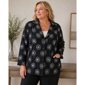 Vintage Womens 3X Black Floral Embroidered Sequin Blazer Button Up Cotton Jacket